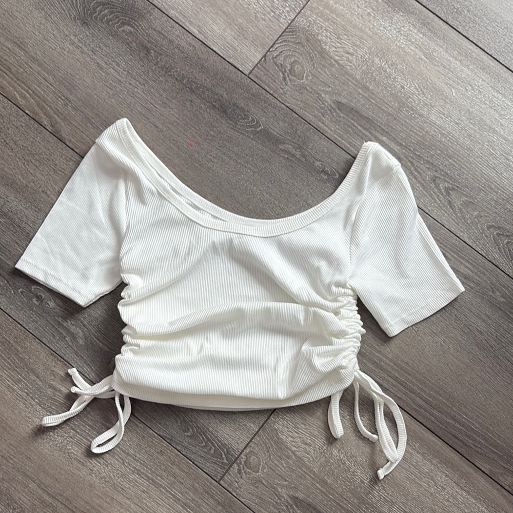 Poof! Cream Ruched Tie Front Crop Top SM440